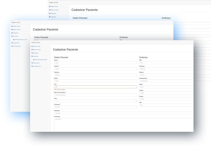 Três páginas com a aplicação web, uma atrás da outra, ilustrando a página de cadastro de pacientes com um formulário.
