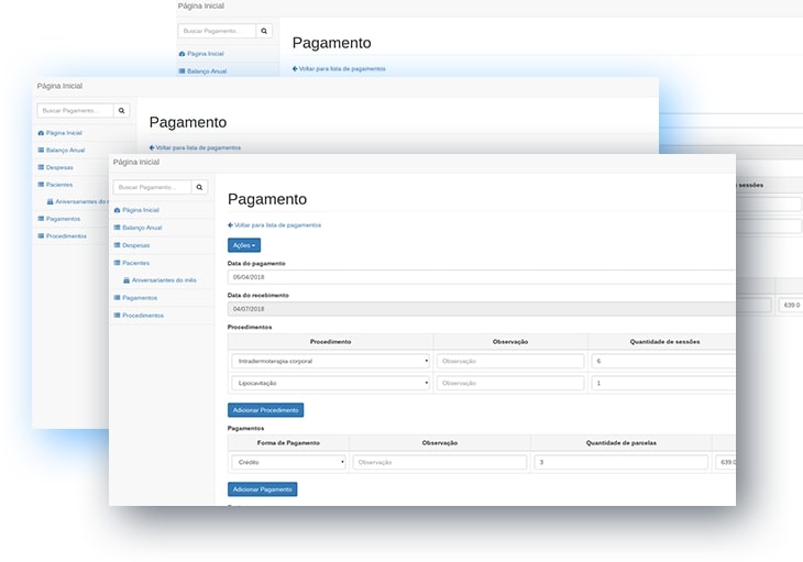 Três páginas com a aplicação web, uma atrás da outra, ilustrando a página de cadastro de pagamentos com um formulário.