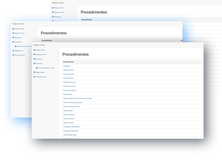 Três páginas com a aplicação web, uma atrás da outra, ilustrando a página de cadastro de procedimentos com um formulário.